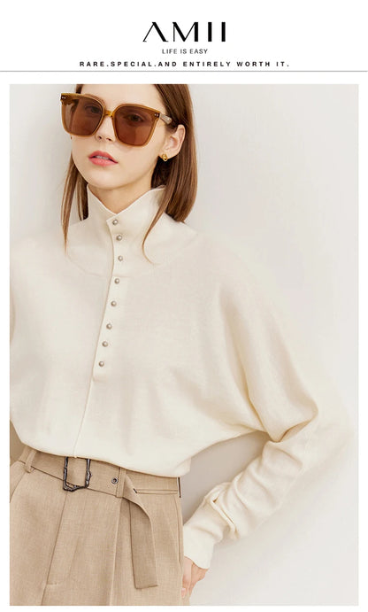 Damen-Rollkragenpullover 100 % Wolle locker Fledermausärmel Herbst