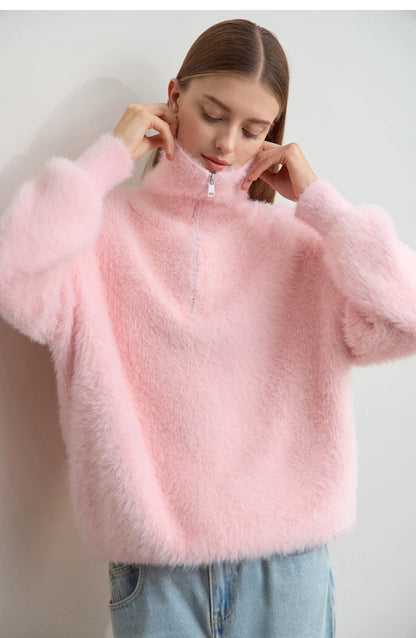 Damen-Rollkragenpullover Nerz-Imitat Reißverschluss locker dick Winter