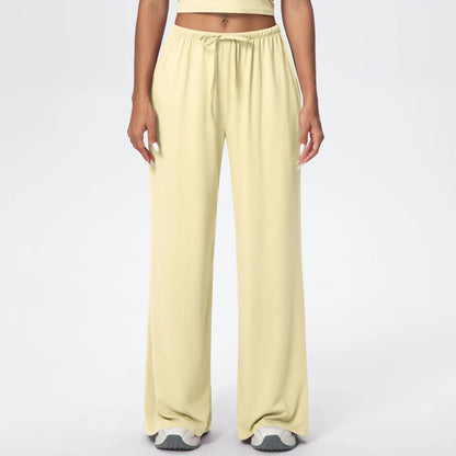 Yoga-Hose Damen, hoher Bund mit Kordel, locker & lang, gelblich-cremefarben