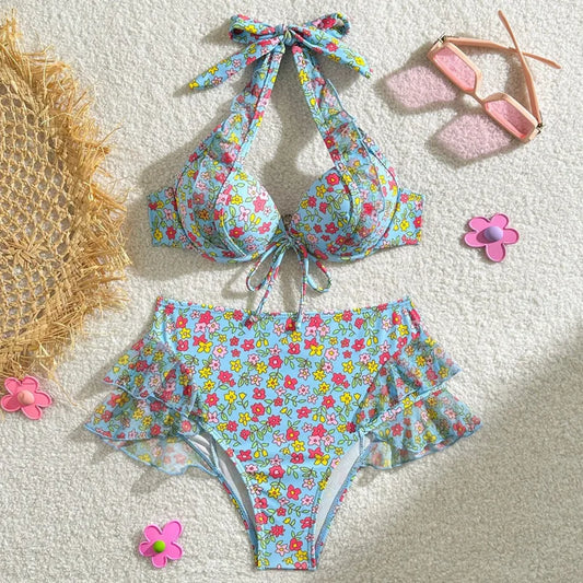 Bauchfreies Bikini-Set mit Push-up-Effekt und hohem Bund – ideal für Strand und Pool