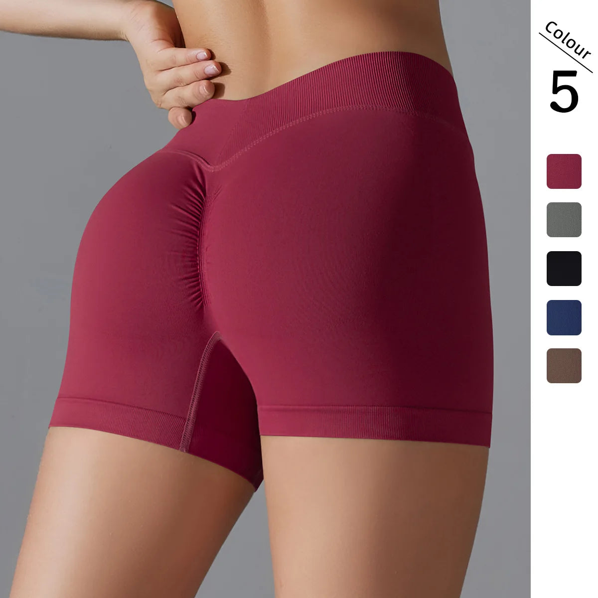 Nahtlose Yoga-Shorts in Weinrot mit hohem Taillenbund, kurz geschnitten