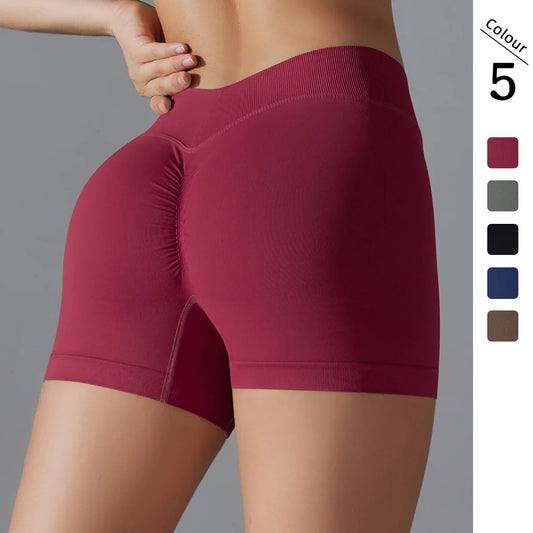 Nahtlose Yoga-Shorts in Weinrot mit hohem Taillenbund, kurz geschnitten