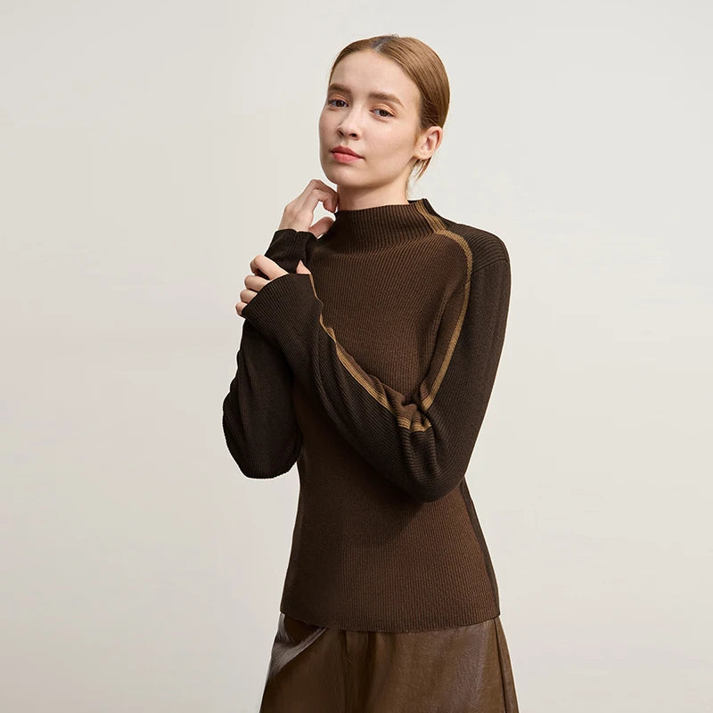 Damen-Halbrollkragen-Pullover Slim asymmetrisch Kontrast Winter