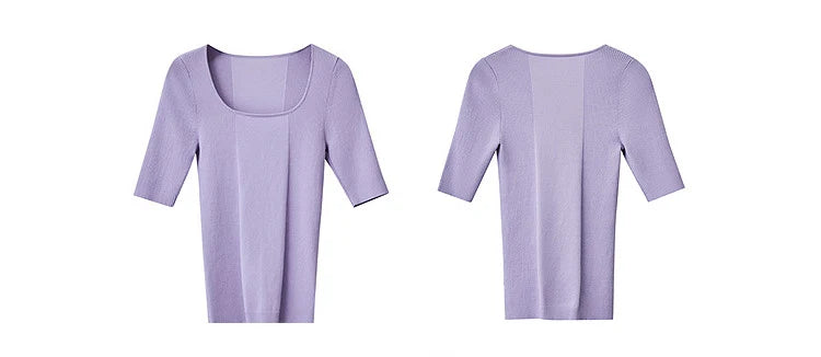 Damen-Strickpullover mit quadratischem Ausschnitt und Halbarm, fliederfarben