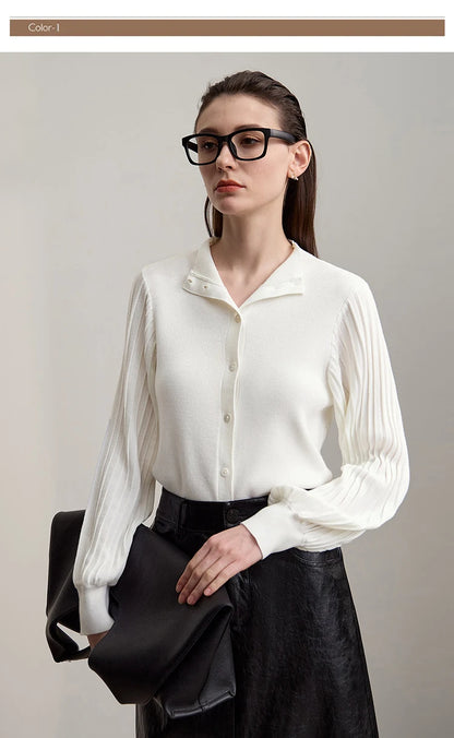 Damen-Strickjacke Slim halbhoher Kragen Laternenärmel Wolle-Mix Herbst