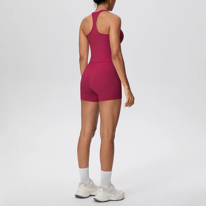Damen Yoga-Set ohne Rücken, ärmellose Weste mit High-Waist-Shorts, weinrot