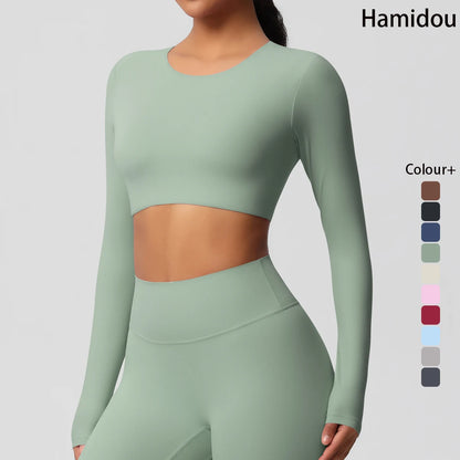 Damen Sportshirt mit Rundhalsausschnitt, langarm, kurz geschnitten, mintgrün