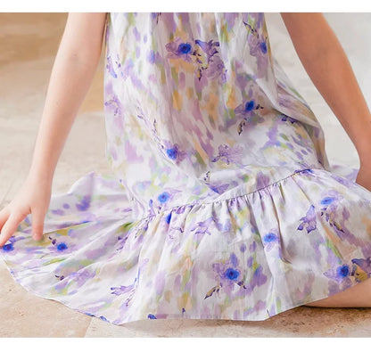 Sommerliches Mädchenkleid aus 100% Baumwolle mit kurzen Ärmeln und Tulpenblumenmuster – niedliche Freizeitkleidung für Kinder von 3 bis 14 Jahren