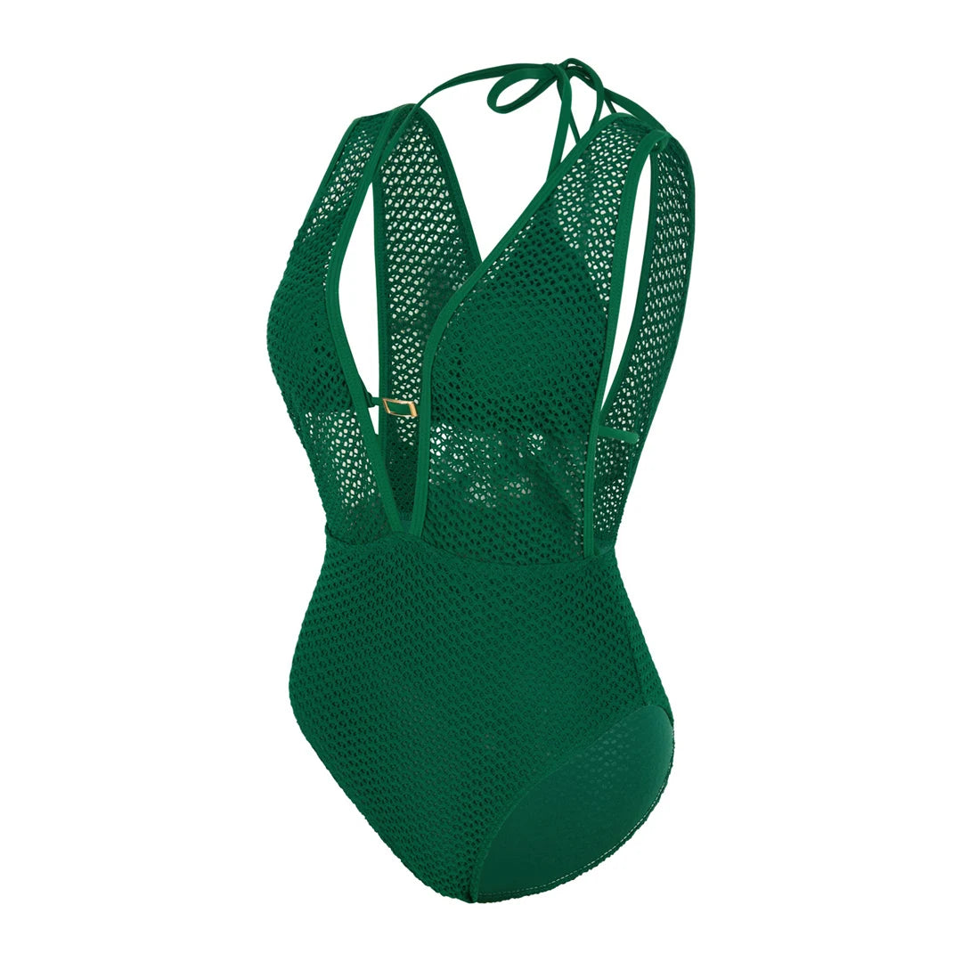 Damen-Badeanzug V-Ausschnitt Netzstrick rückenfrei Monokini Weste