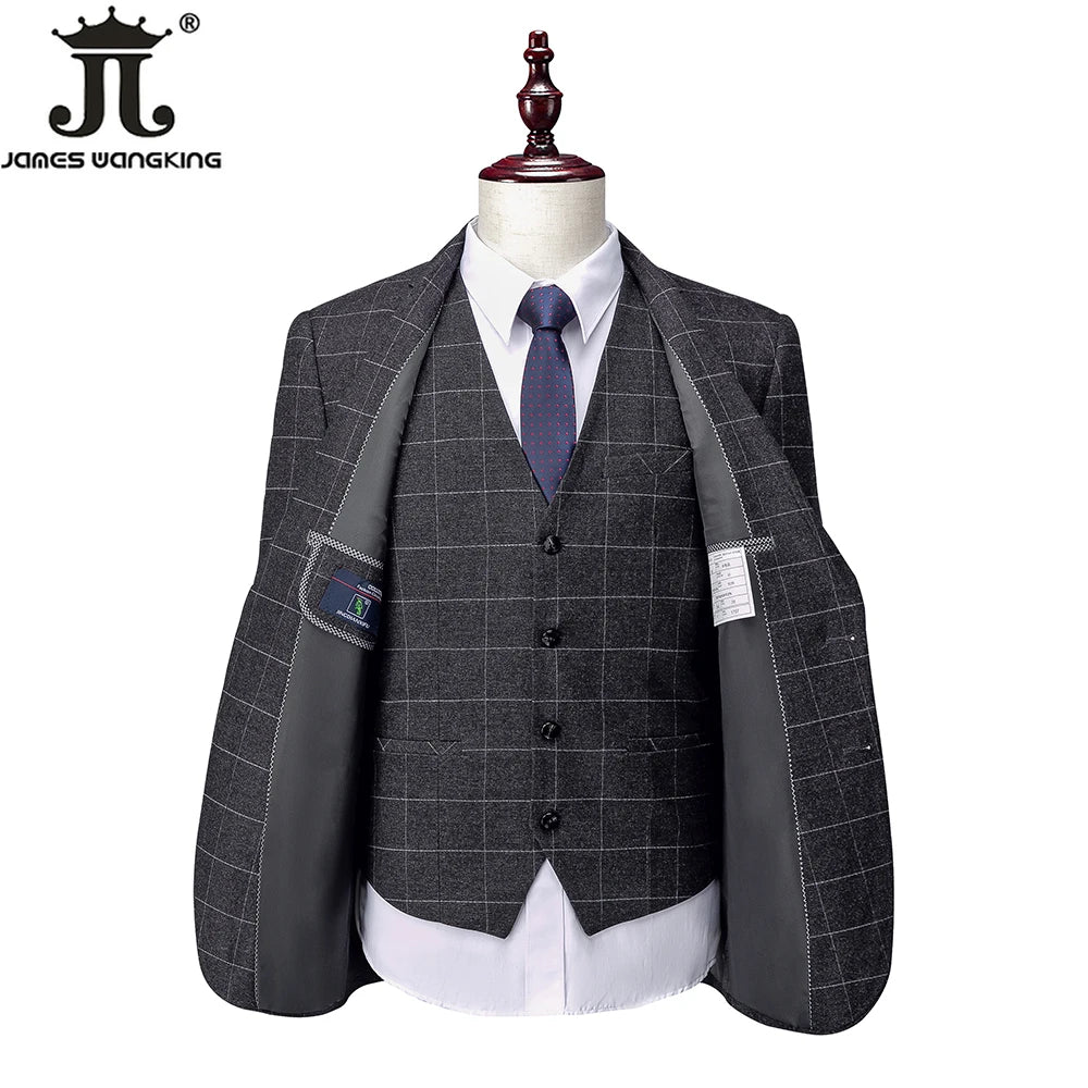 Hochwertiger Herren Anzug 3-teilig: Kariert, Grau, Slim Fit, Business & Hochzeit.
