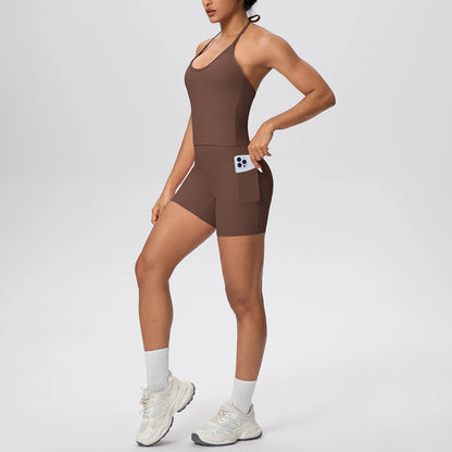Yoga-Set für Damen mit Träger-Top und Shorts, braun