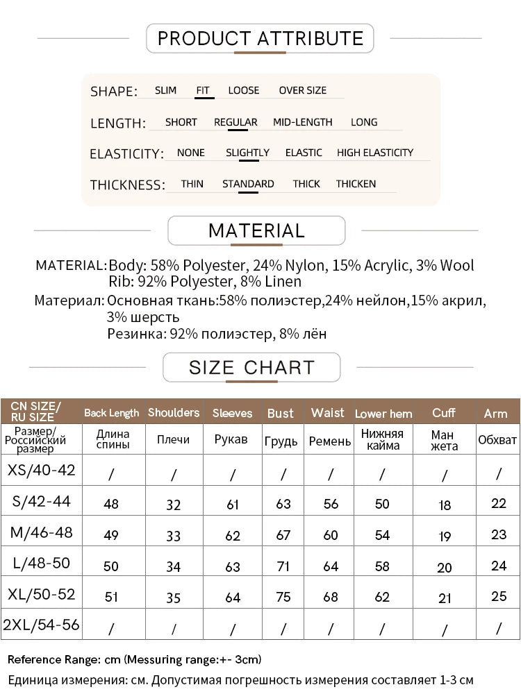 Tabelle mit Produktattributen, Materialangaben und Größenübersicht für Damenpullover