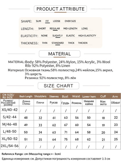 Tabelle mit Produktattributen, Materialangaben und Größenübersicht für Damenpullover