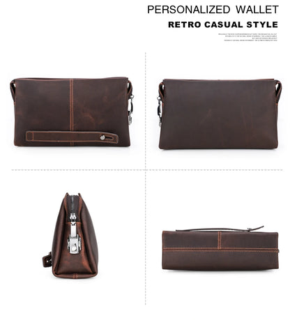 Braune Herren-Leder-Clutch mit kurzen Tragegriffen, Reißverschluss und Ziernähte.