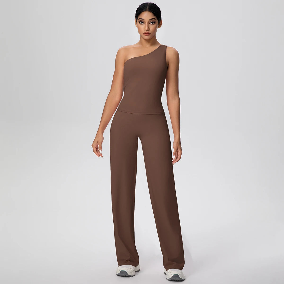 Braunes Yoga-Set für Damen: ärmelloses Top mit Brustpolster, lange Hose