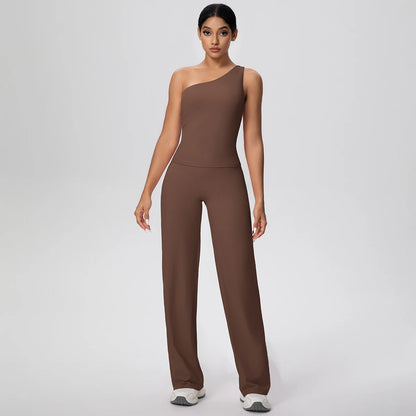 Braunes Yoga-Set für Damen: ärmelloses Top mit Brustpolster, lange Hose