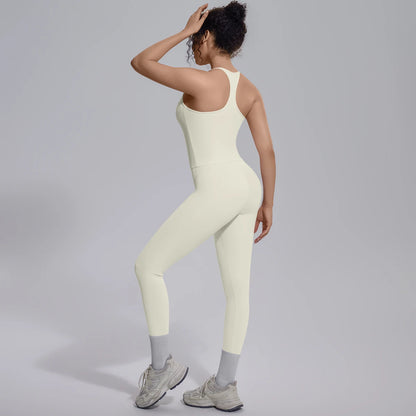Damen-Yoga-Set mit Leggings, cremeweiß, Rückenansicht, leicht seitlich