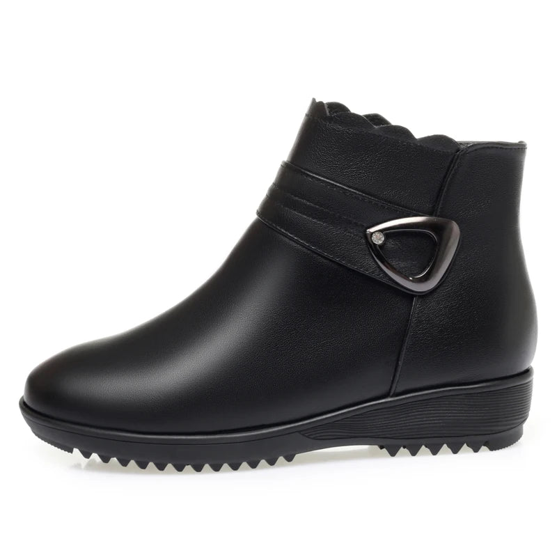 Damen Schneestiefel aus echtem Leder mit rutschfestem flachem Boden