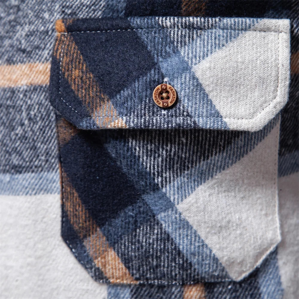 Herren Kariertes Hemd im Casual-Stil mit doppelten Taschen für Herbst und Winter