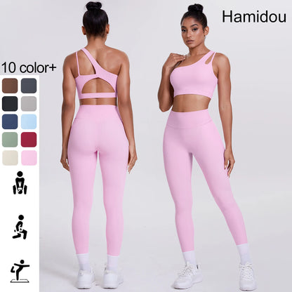 Yoga-Set Damen: rosafarbener Sport-BH mit Rückenausschnitt und Leggings