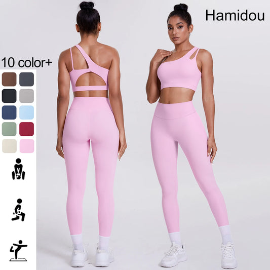 Yoga-Set Damen: rosafarbener Sport-BH mit Rückenausschnitt und Leggings