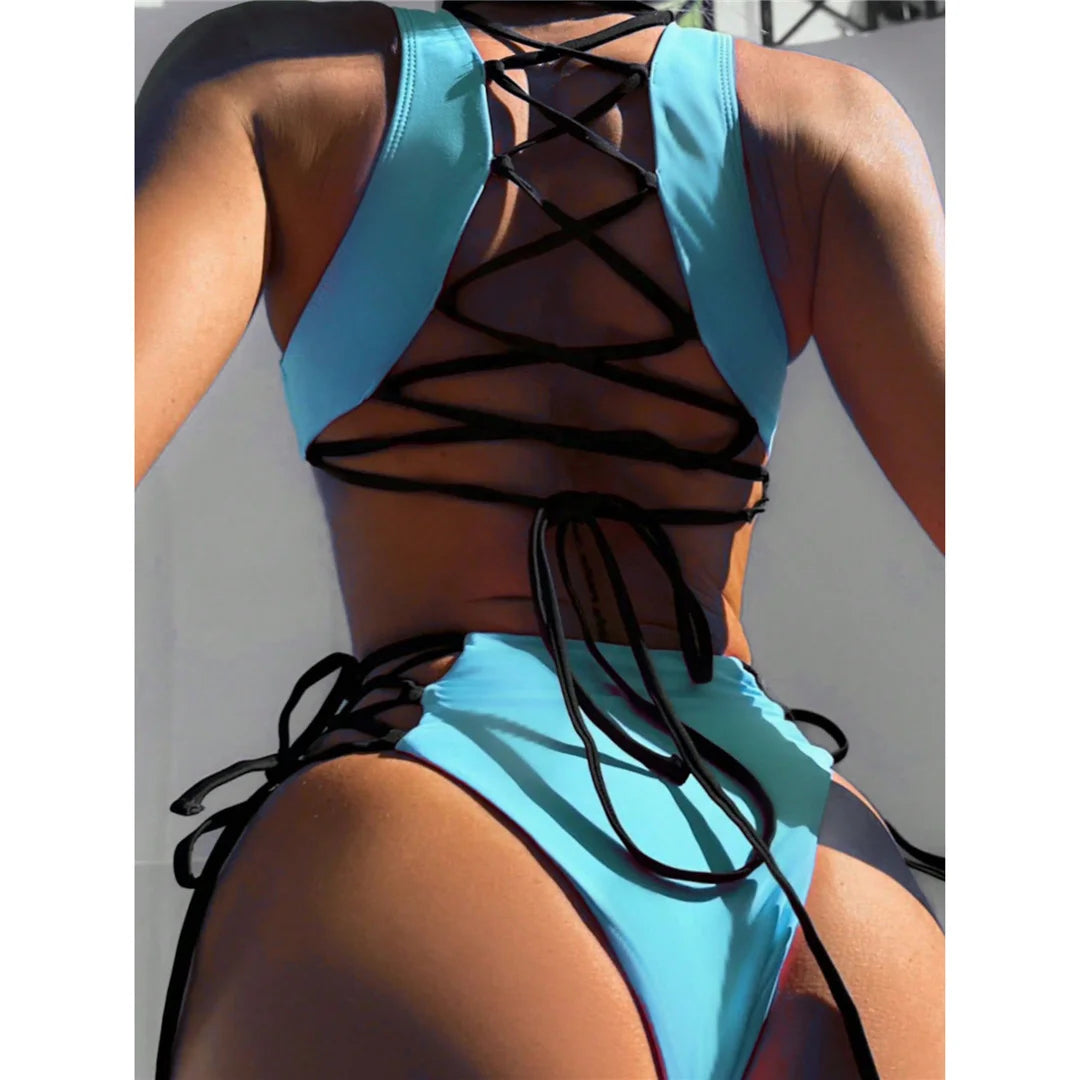 Damen Badeanzug Cut-Out Schnürung Riemen rückenfrei High-Cut 2026
