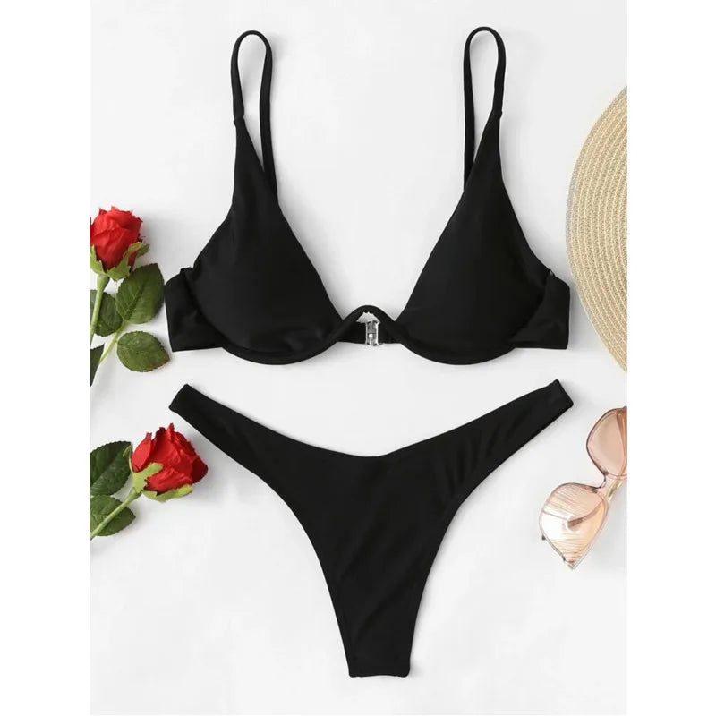 Sexy Bikini-Set mit Push-up-Effekt – Solides Design für Strand und Pool