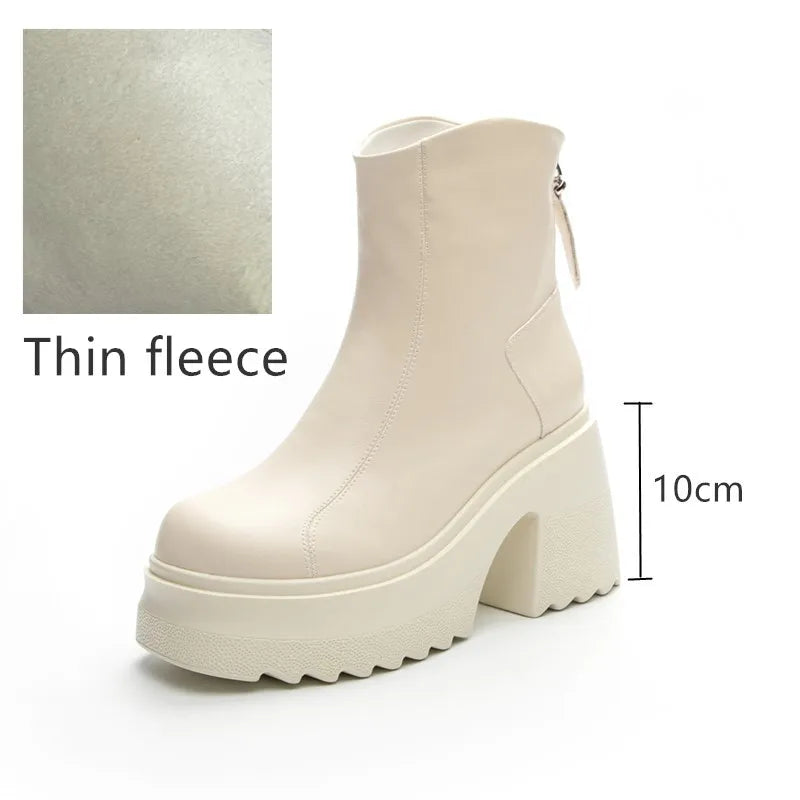 Damen-Stiefelette aus Leder mit dünnem Fleece, beige, 10-cm Blockabsatz, Plattformsohle