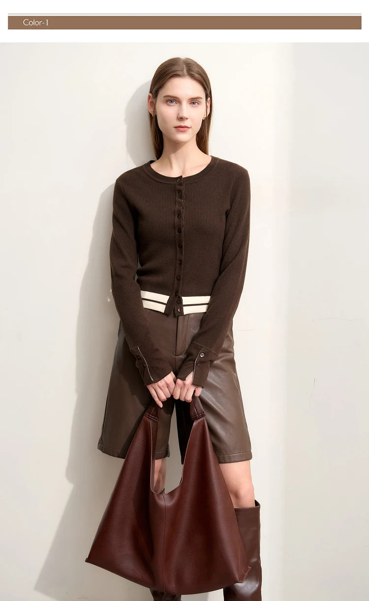 Damen-Strickjacke Rundhals Wolle Streifen kurz Pendler Slim Herbst