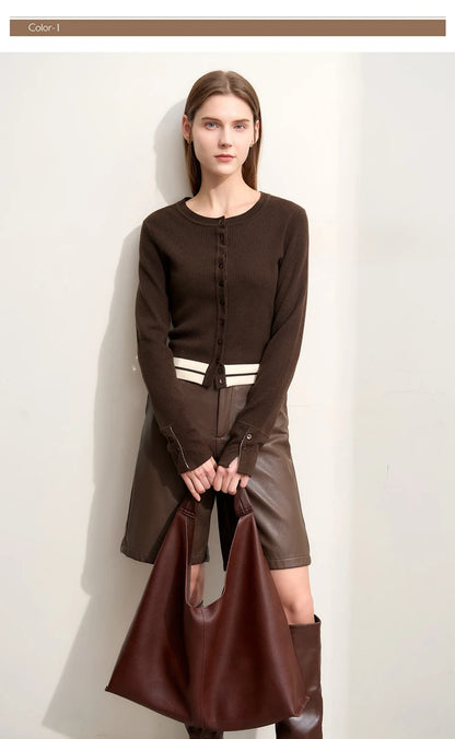 Damen-Strickjacke Rundhals Wolle Streifen kurz Pendler Slim Herbst
