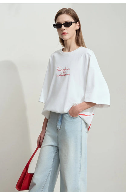 Damen T-Shirt aus ultraloch Stretch-Baumwolle mit Buchstaben-Bowknot-Aufdruck