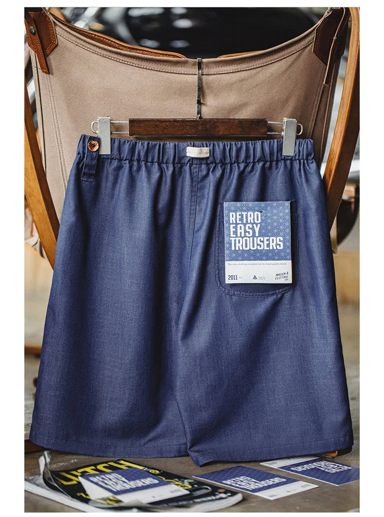 Herren Shorts im Retro-Stil aus gewaschenem Denim mit elastischem Bund und Kordelzug