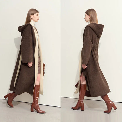 Damen Farbkontrast Wollmantel mit Kapuze und Tropfenärmeln für den Winter