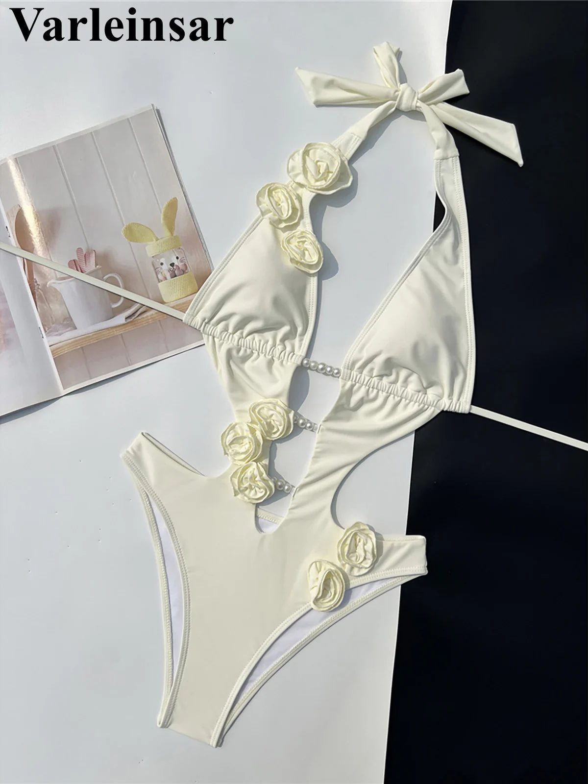 Damen Badeanzug 3D-Blumen tiefer V-Ausschnitt hoher Beinausschnitt Monokini rosa-rot