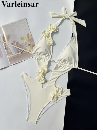 Damen Badeanzug 3D-Blumen tiefer V-Ausschnitt hoher Beinausschnitt Monokini rosa-rot