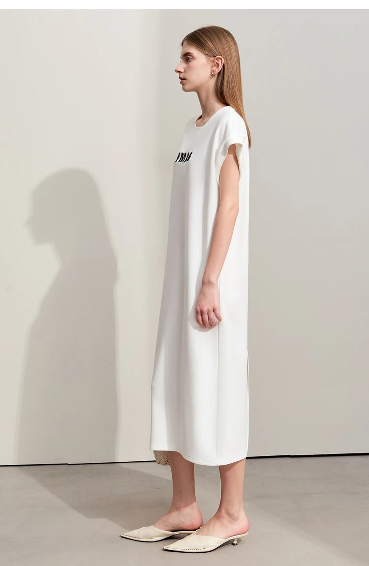 Damen Kleid für Sommer neue lässige O-Ausschnitt Kurzarm Midi gerade Perlen Stickerei Kleid Dame