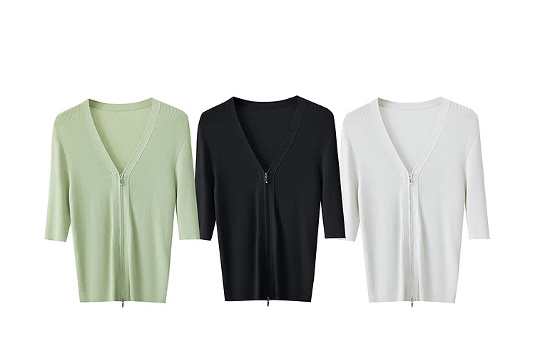 Damen V-Ausschnitt Strickjacke Slim Reißverschluss Viskose Herbst
