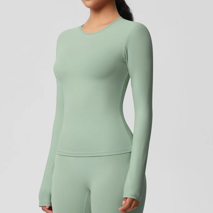 Damen-Langarm-Workout-Top, salbeigrün, figurbetont, lange Ärmel, schmaler Schnitt