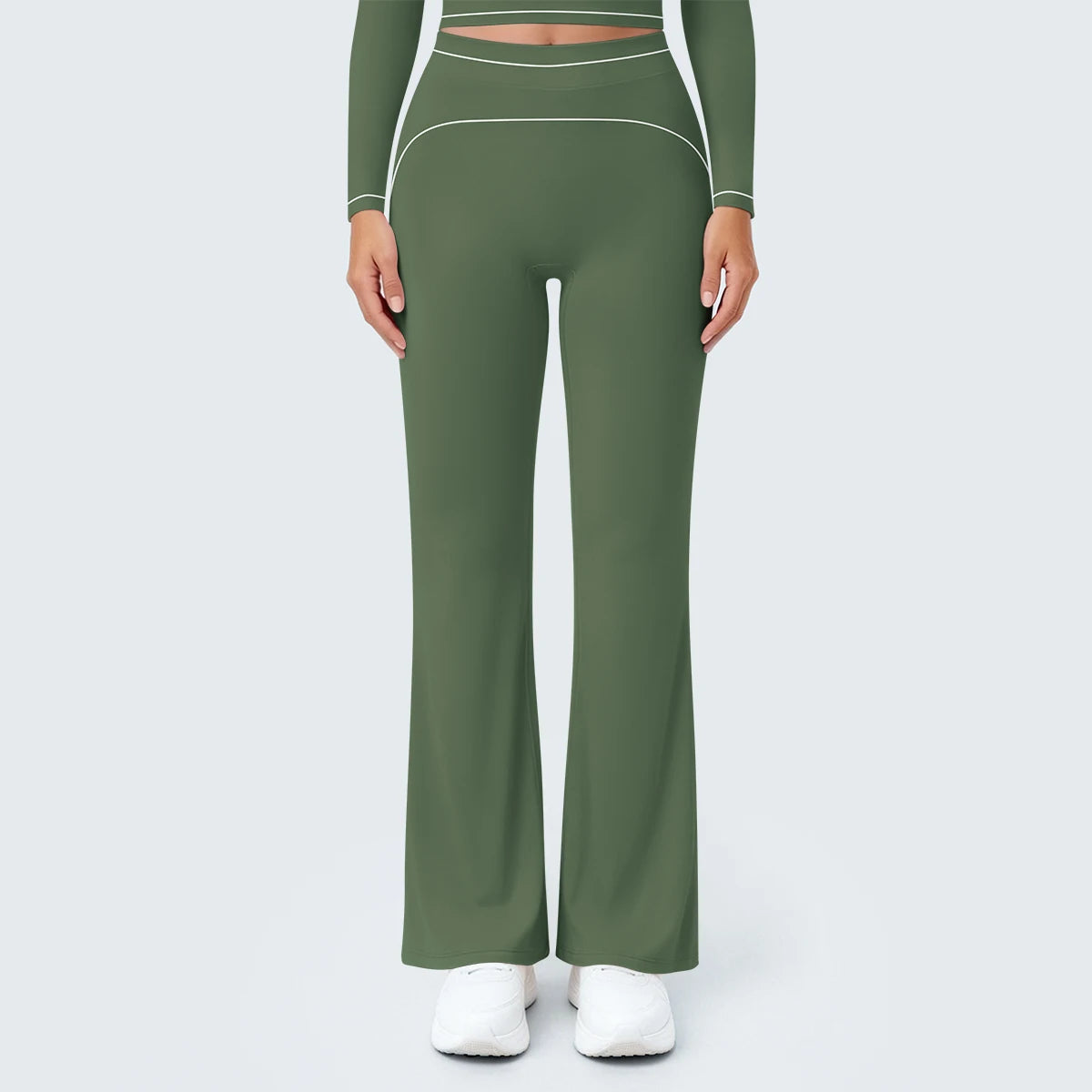 Dunkelgrüne Yoga-Hose für Damen mit weitem Bein, Rückansicht und Kontrastnähten