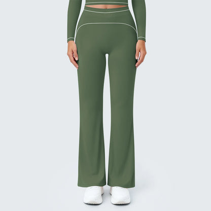 Dunkelgrüne Yoga-Hose für Damen mit weitem Bein, Rückansicht und Kontrastnähten