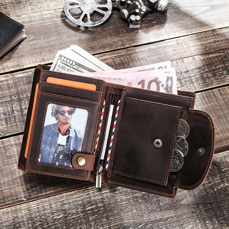 Herren Echtleder Geldbörse Trifold Metallkette RFID Kartenhalter Geldclip