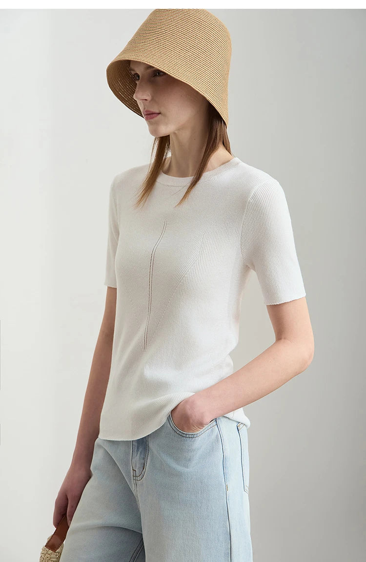Damen-Rundhalspullover Lyocell Slim Kurzarm figurschmeichelnd Sommer