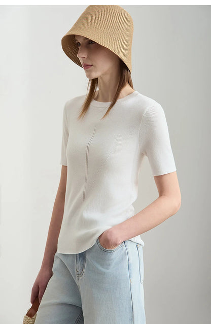 Damen-Rundhalspullover Lyocell Slim Kurzarm figurschmeichelnd Sommer