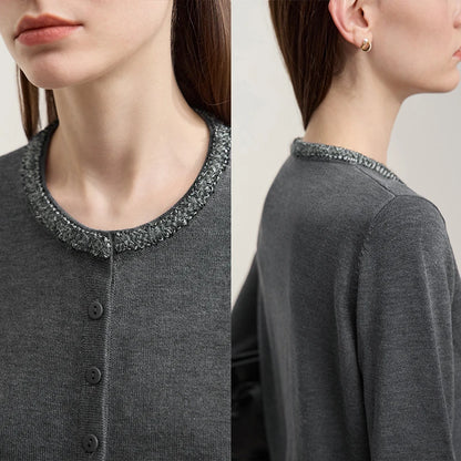 Damen-Strickjacke Rundhals einfarbig gerade Wolle Herbst-Winter