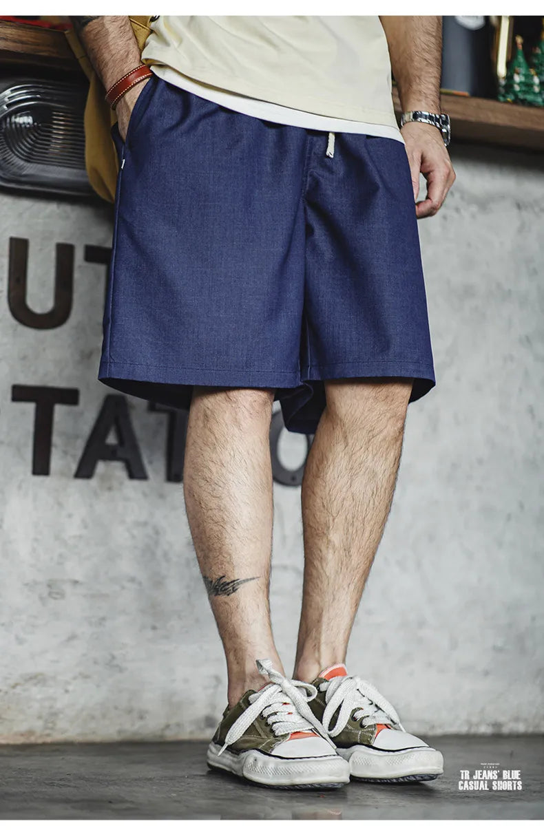 Herren Shorts im Retro-Stil aus gewaschenem Denim mit elastischem Bund und Kordelzug