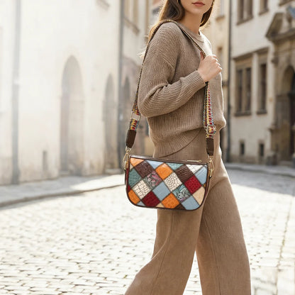 Damen-Schultertasche Patchwork-Leder Boho-Stil