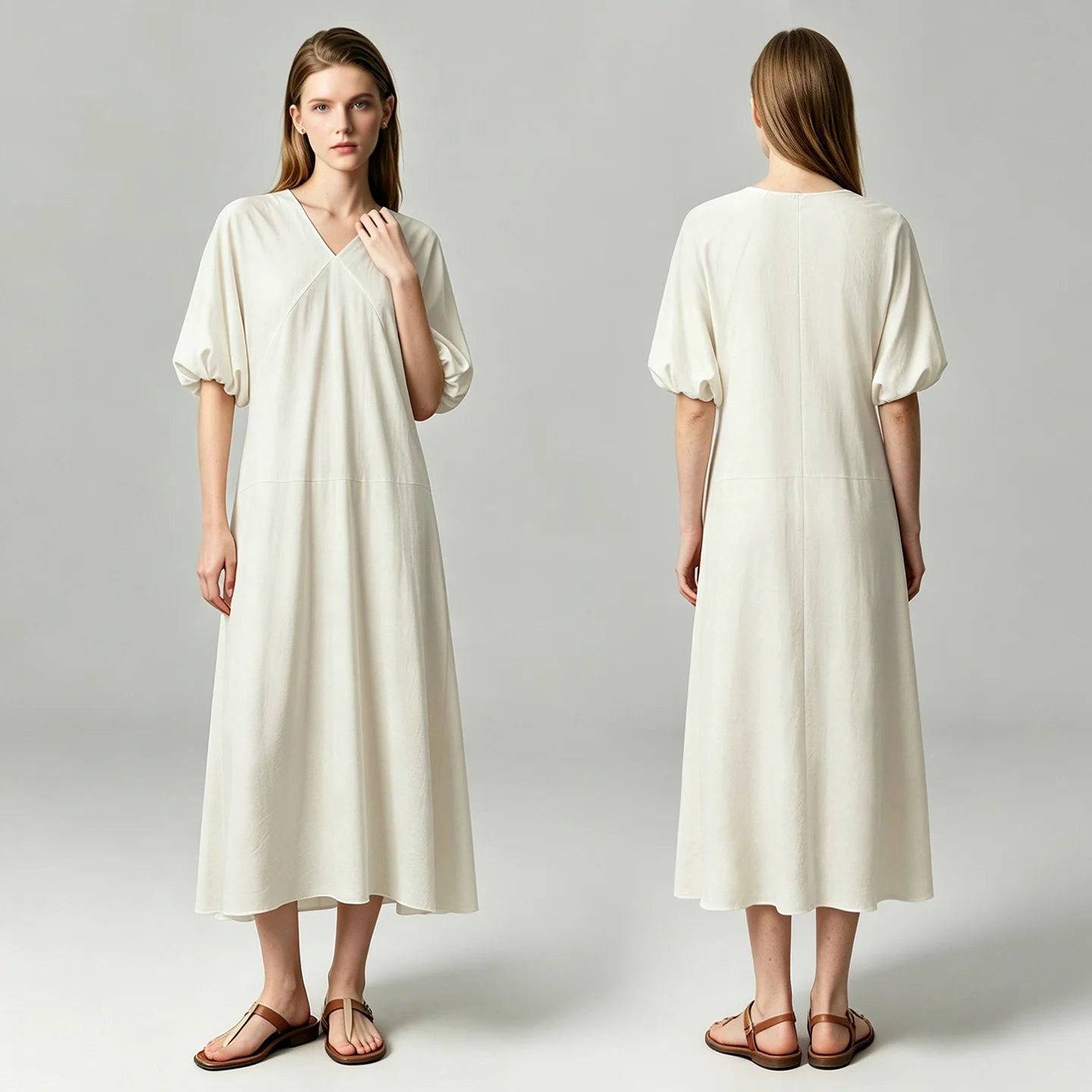Elegantes Damenmaxikleid Mit V-Ausschnitt Puffärmel Urlaub