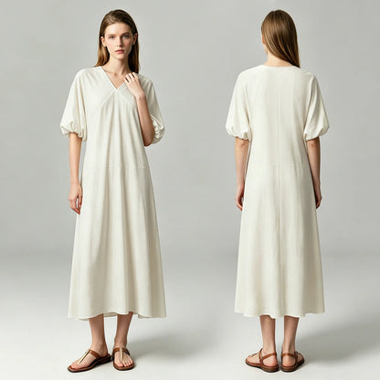 Elegantes Damenmaxikleid Mit V-Ausschnitt Puffärmel Urlaub