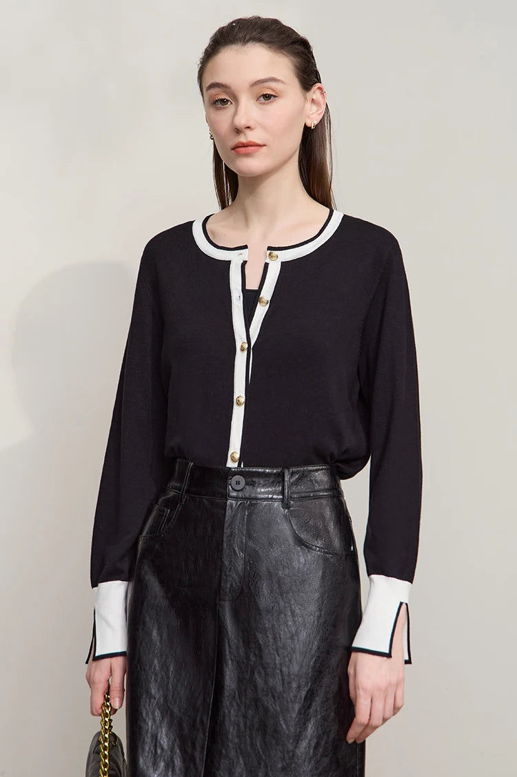Damen-Strickjacke Rundhals Patchwork gerade elegant vielseitig Herbst