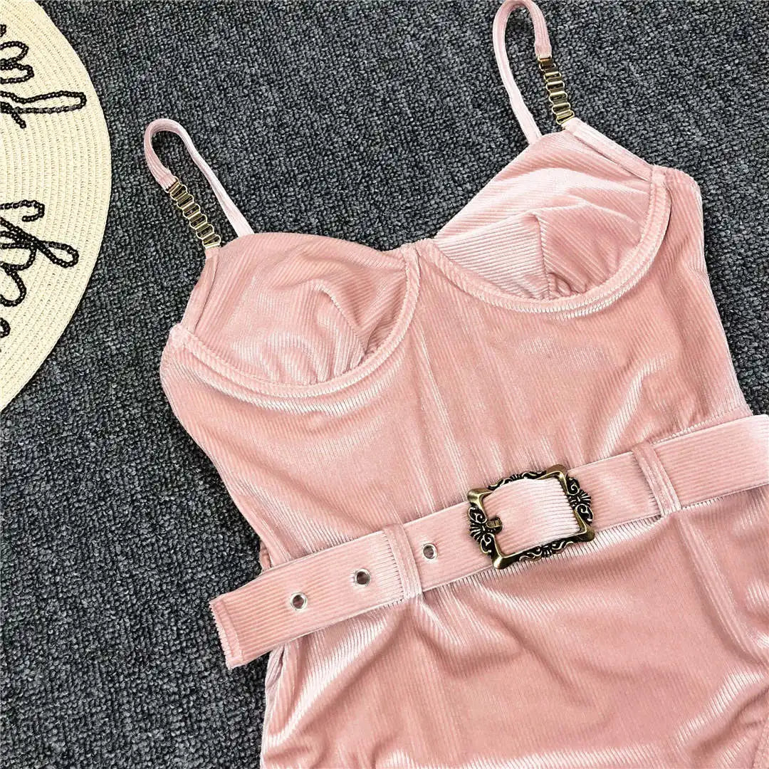 Damen-Badeanzug Rippe Gürtel High-Cut Bodysuit einteilig